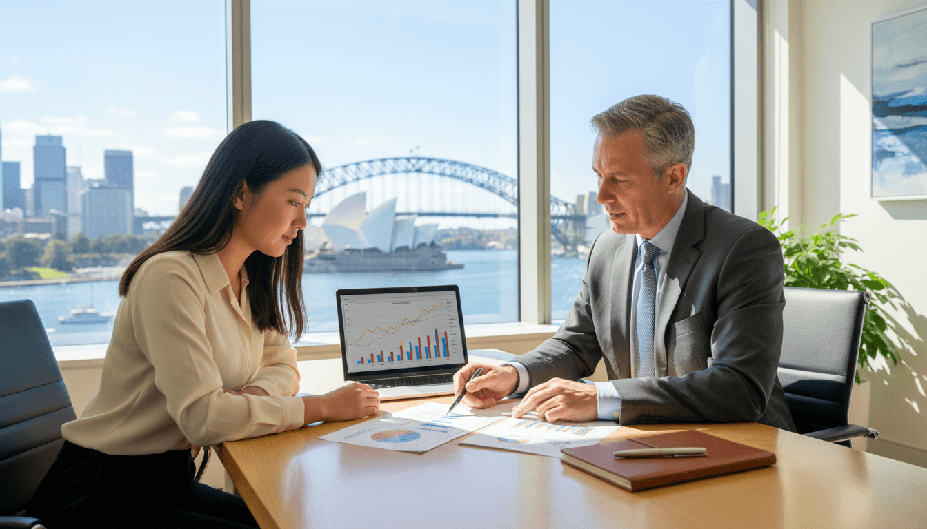 Financial advisor in Sydney consulting with client in modern office