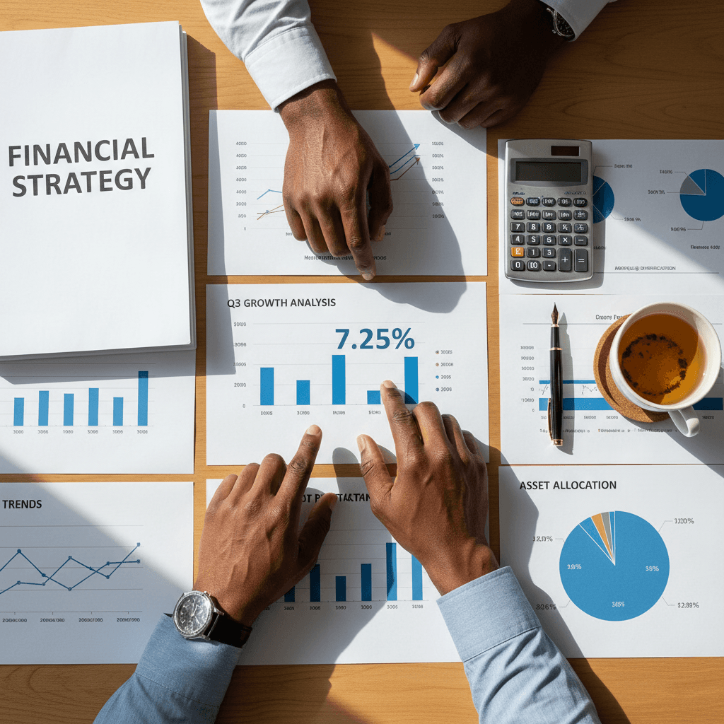 Financial planning documents and analysis charts on workspace