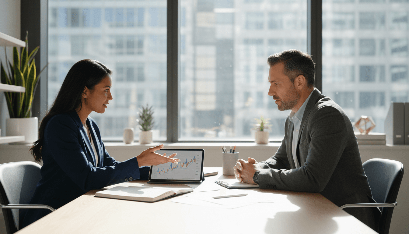 Financial advisor in professional office discussing strategy with client