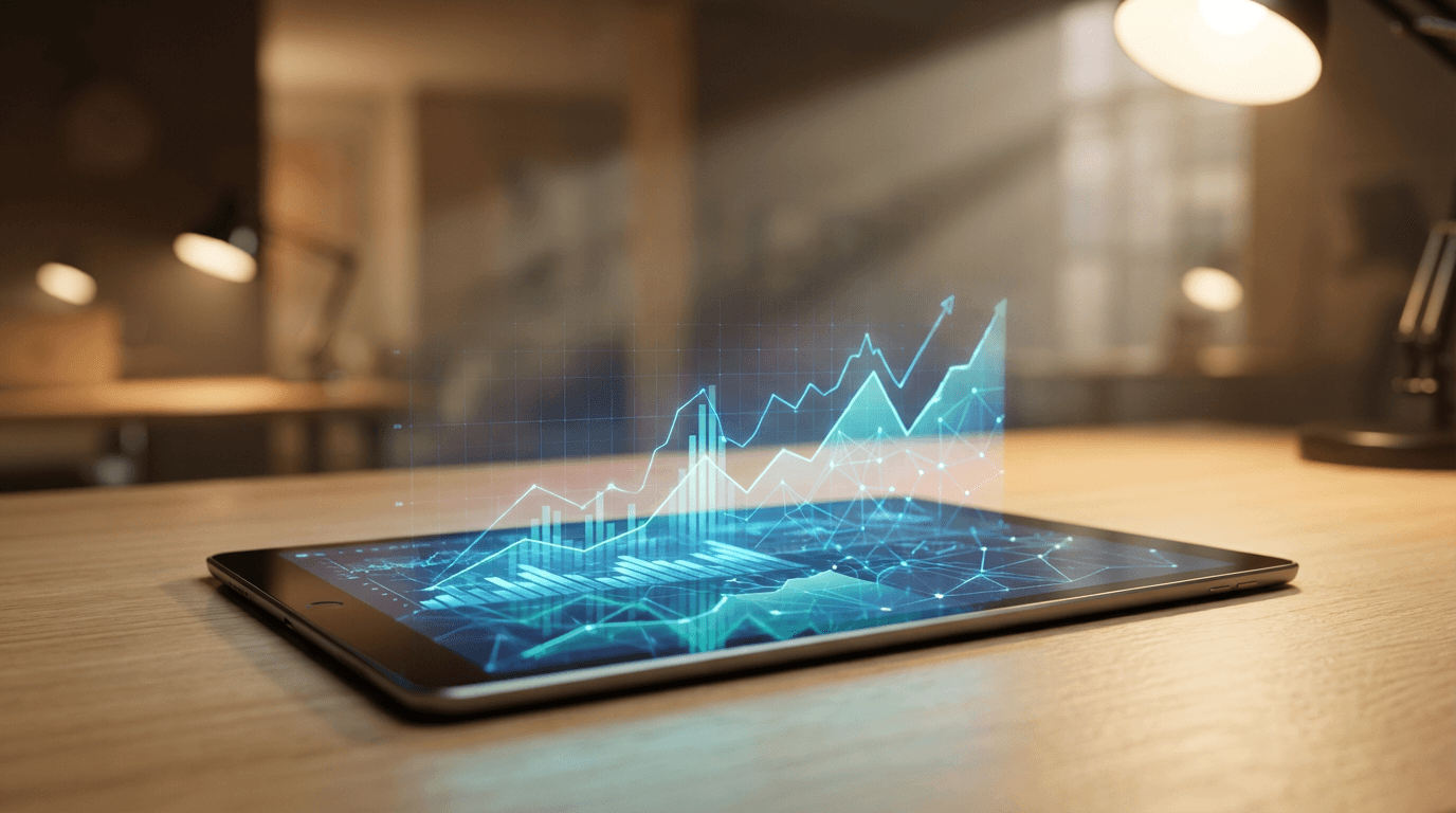 Financial charts and performance metrics displayed on tablet