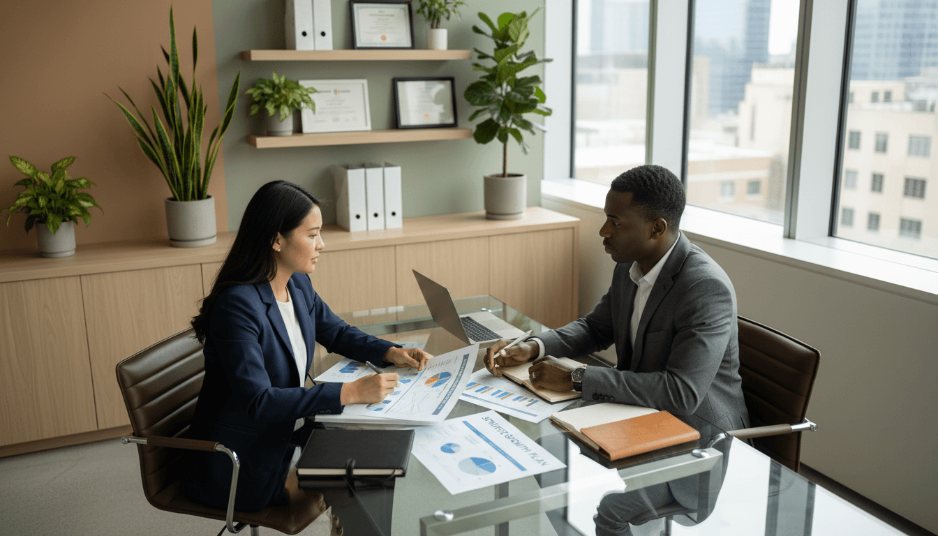 Professional meeting in a bright Sydney office with financial planning documents